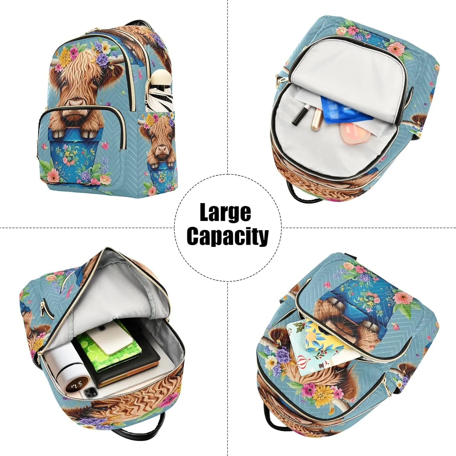 Floral Highland Cow Blue Backpack Purse for Women Fashion Backpack Handbags with Anti-theft Back for Ladies Hiking M