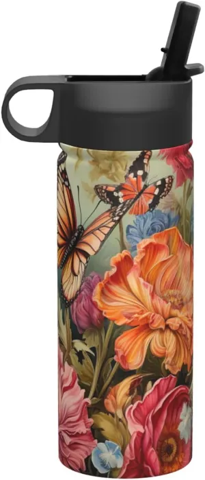 Flowers and Butterfly Print Flask Stainless Steel Water Bottle with Straw 18OZ FOR Outdoor Gym Commute