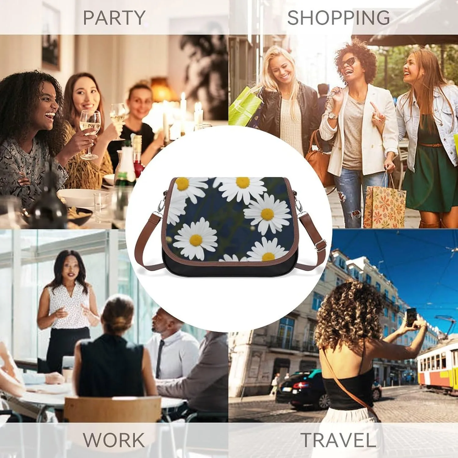 Flowers Daisy Crossbody Bags for Women Travel Shoulder Bag Small Leather Cross Body Handbags