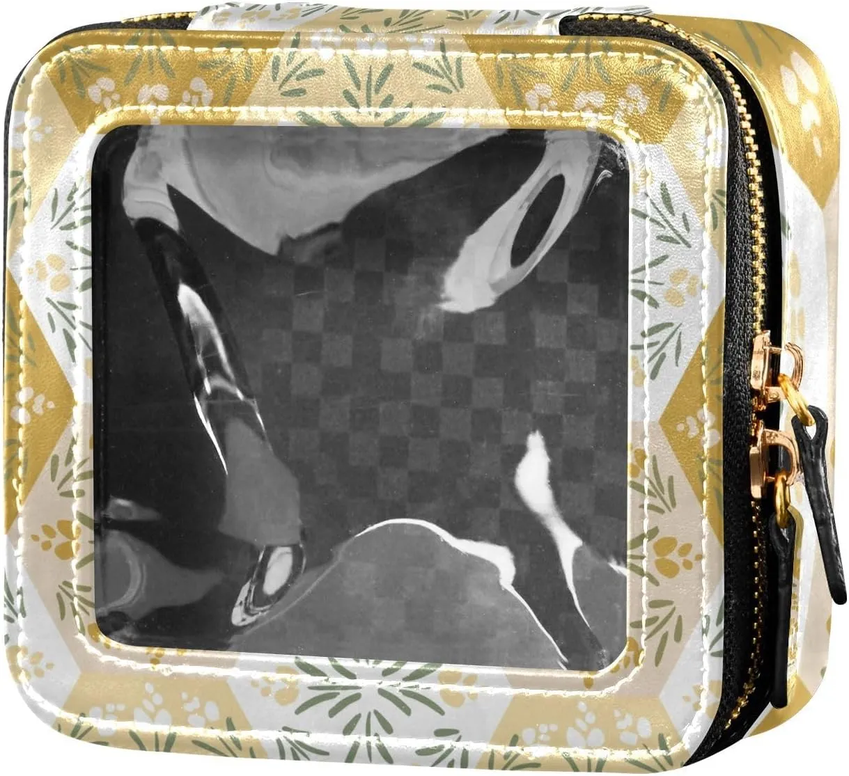 Flowers Light Yellow Hexagonal Tile Clear Cosmetic Bag, Small Makeup Bags with Zipper, Cute Cosmetic Bags Toiletry Bag for Women, Travel and Car Essentials