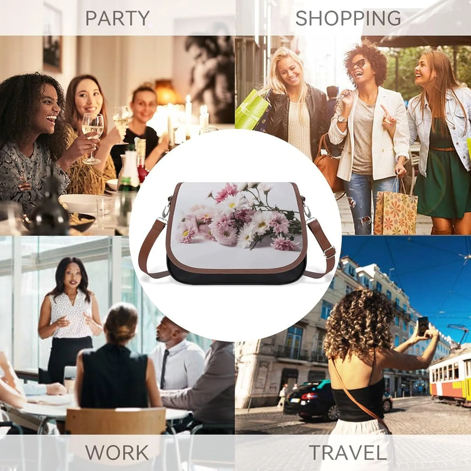 Flowers on White Background Crossbody Bags for Women Travel Shoulder Bag Small Leather Cross Body Handbags