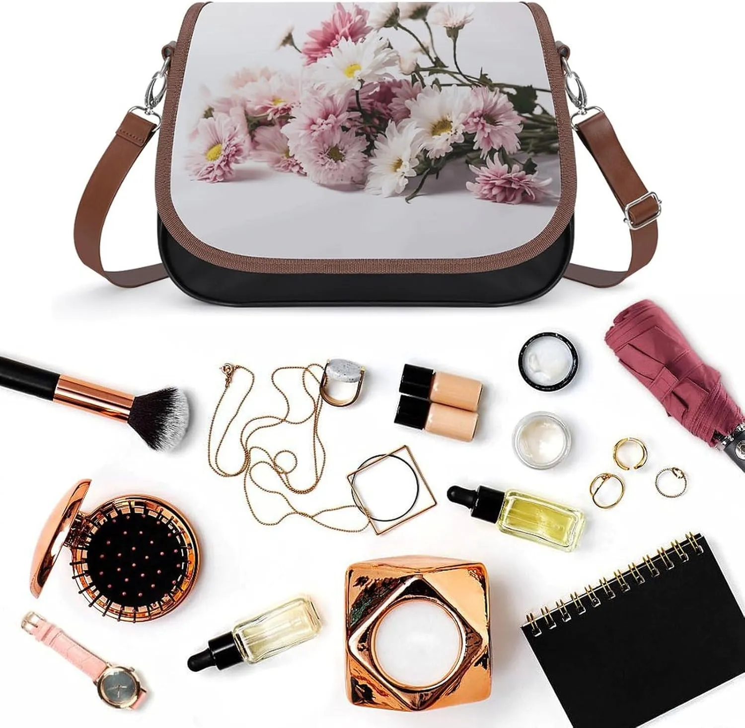 Flowers on White Background Crossbody Bags for Women Travel Shoulder Bag Small Leather Cross Body Handbags
