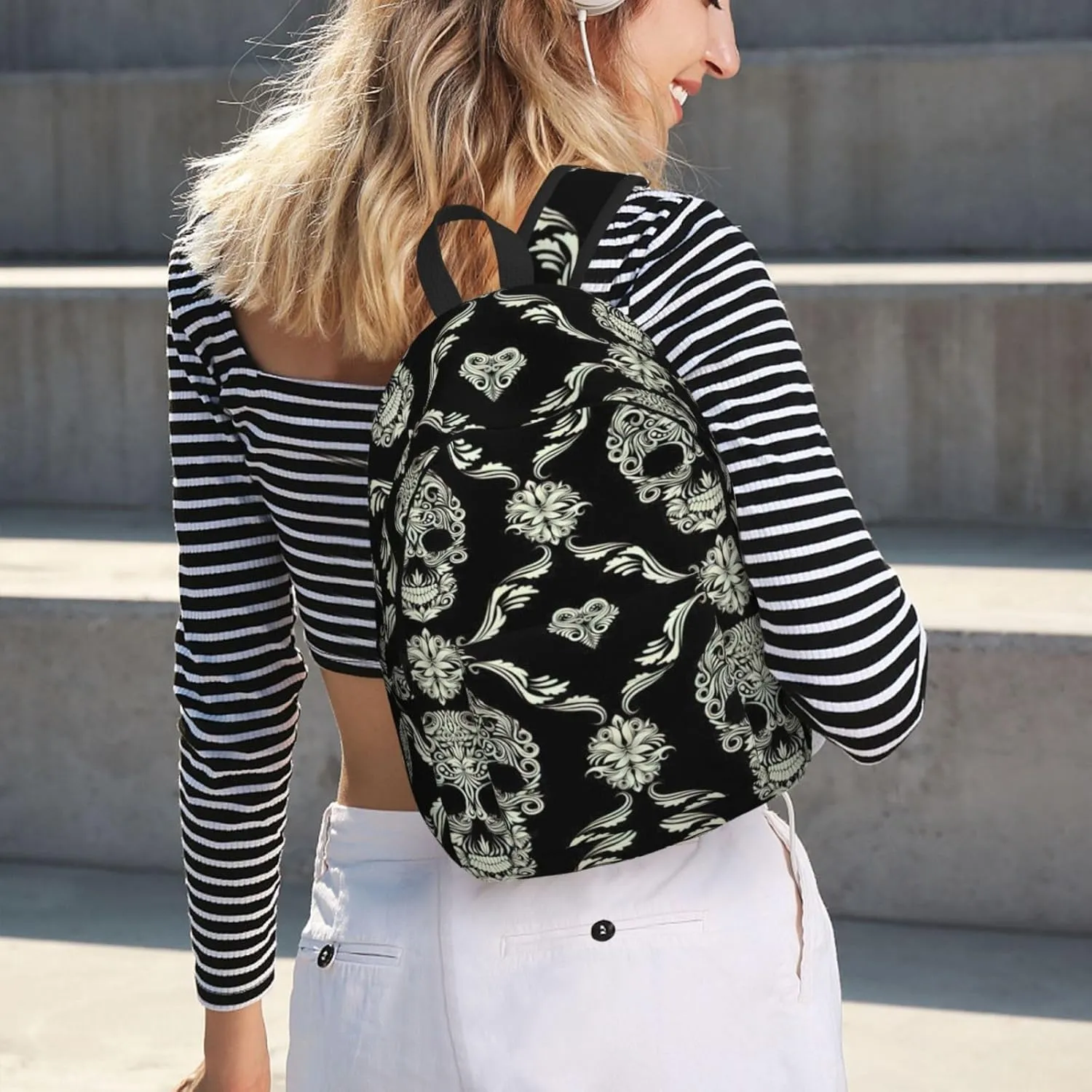 Flowers Skull Ornamental Pattern Canvas Casual Lightweight Duffel Bag, Fashion Duffel Bag, Casual Daypack, Unisex Travel Backpack