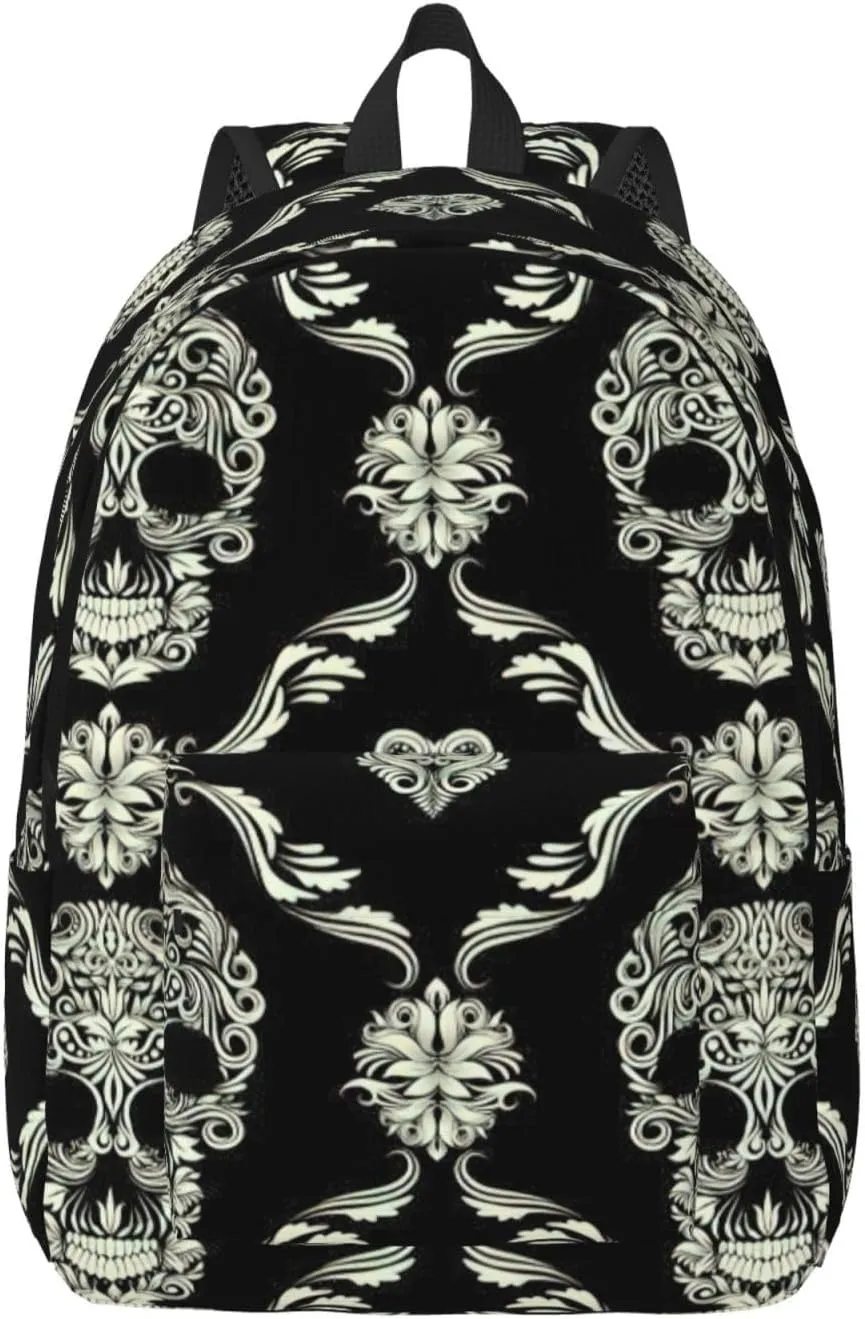 Flowers Skull Ornamental Pattern Canvas Casual Lightweight Duffel Bag, Fashion Duffel Bag, Casual Daypack, Unisex Travel Backpack