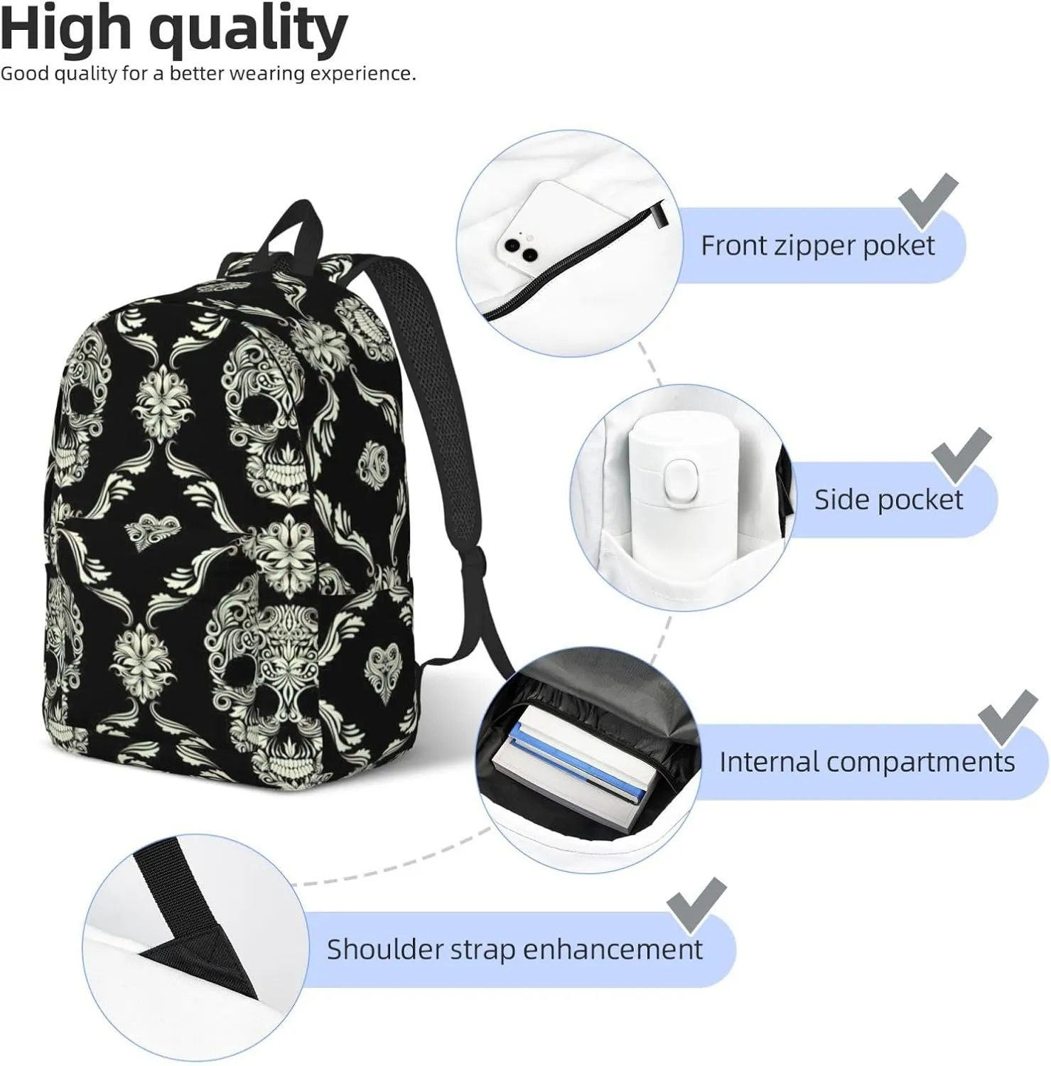 Flowers Skull Ornamental Pattern Canvas Casual Lightweight Duffel Bag, Fashion Duffel Bag, Unisex Travel Backpack