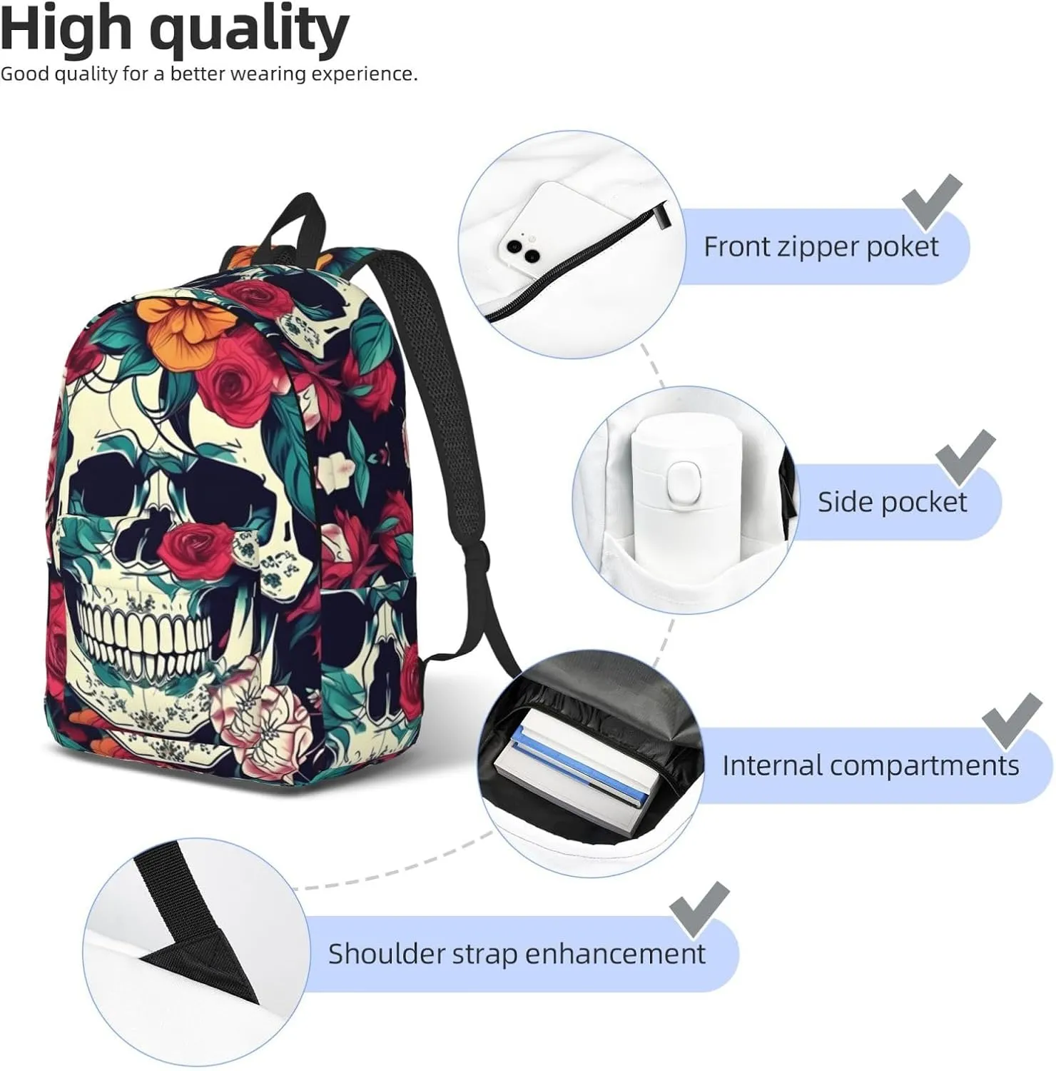 Flowers Skull Ornamental print Backpack Travel Backpacks for Women Men College Backpack Computer Bag for Travel