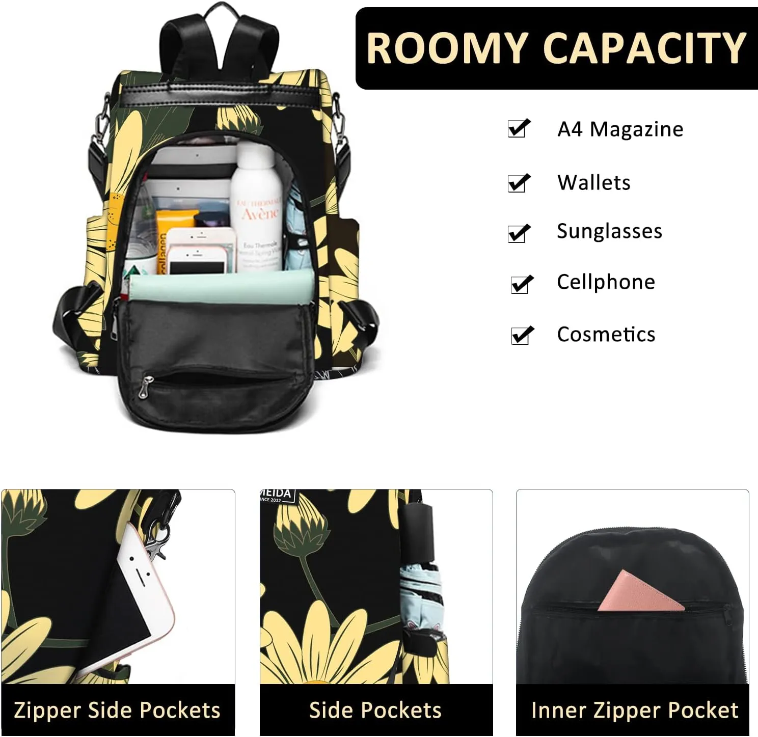 Fmeida Backpack Purse for Women - Travel Anti-Theft Backpacks Nylon Waterproof Daypack College Bookbag Shoulder Bag Sunflower