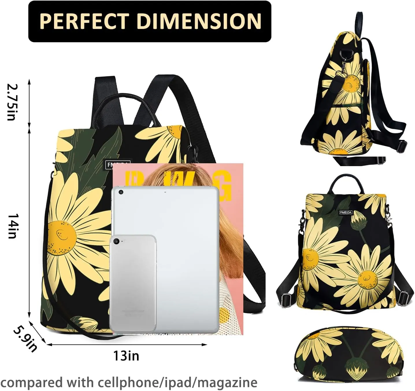 Fmeida Backpack Purse for Women - Travel Anti-Theft Backpacks Nylon Waterproof Daypack College Bookbag Shoulder Bag Sunflower