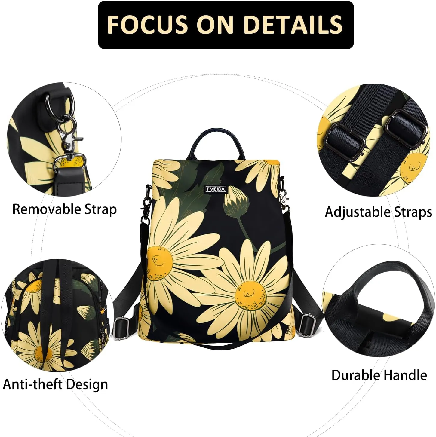 Fmeida Backpack Purse for Women - Travel Anti-Theft Backpacks Nylon Waterproof Daypack College Bookbag Shoulder Bag Sunflower
