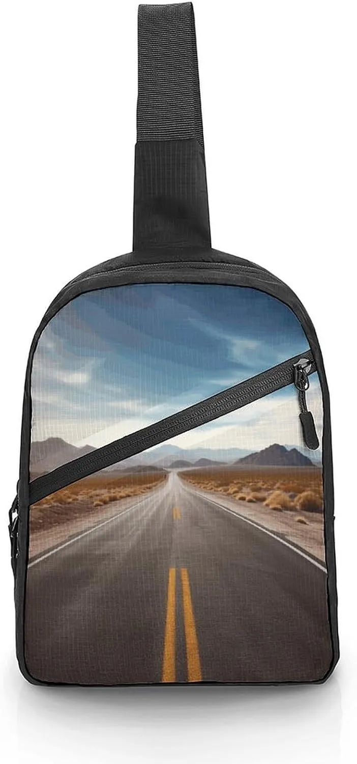 Foldable Versatile Chest Bag,Desert Landscape Highway Print Casual Couple Chest Bag,men's Fashionable Crossbody Bag