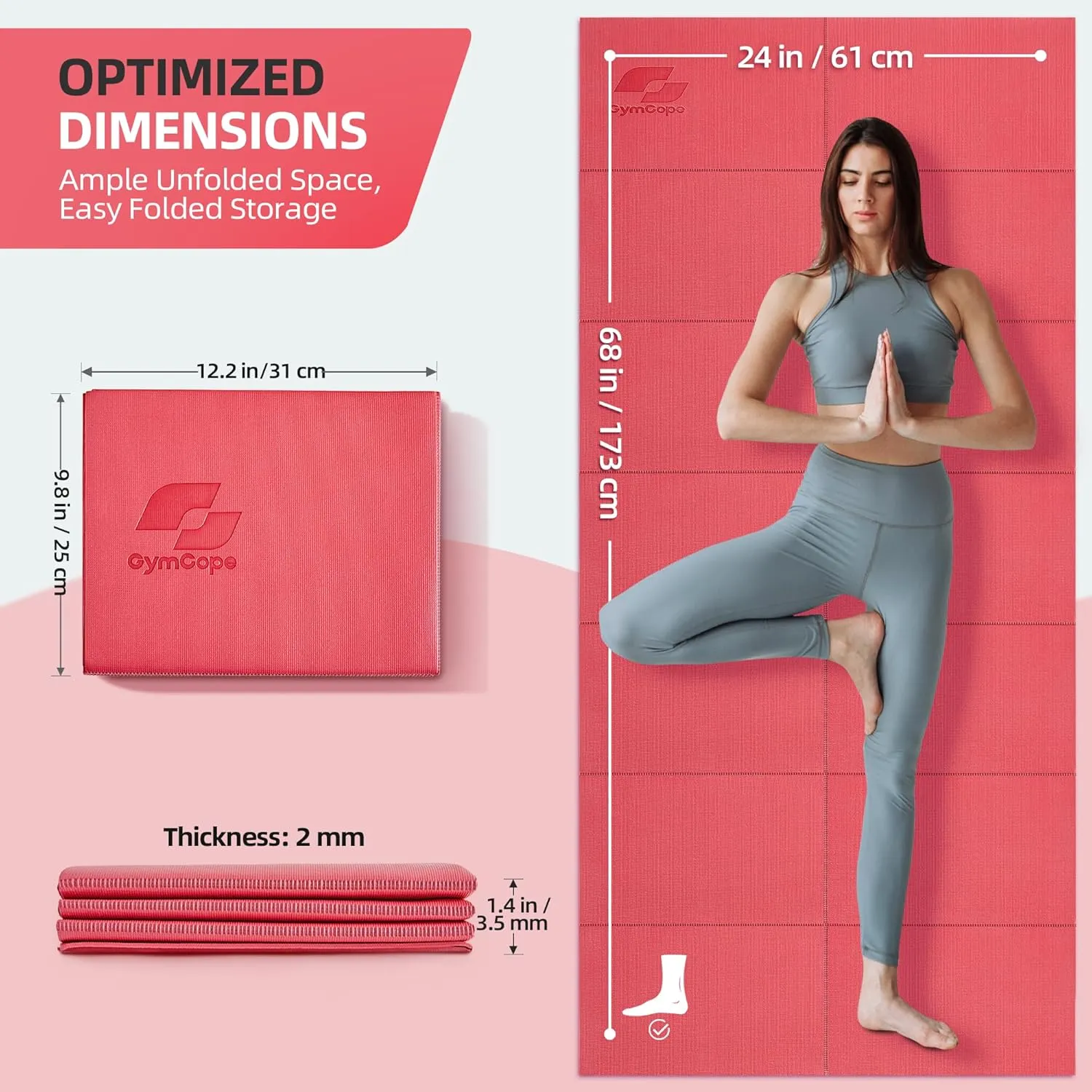 Foldable Yoga Mat for Travel, 68"x24" Folding Travel Gym Mat for Women Yoga Studio, Packable and Portable Pilates Mat with Storage Bag Easy to Carry, Lightweight Travel Workout Mat, 2mm/4mm