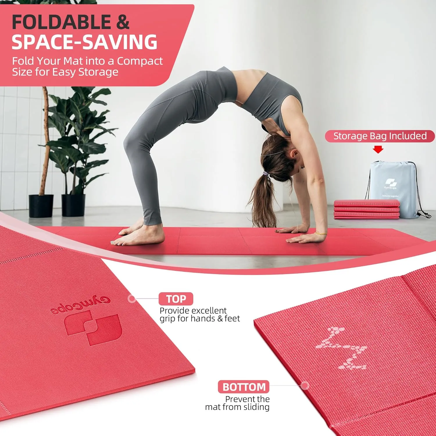 Foldable Yoga Mat for Travel, 68"x24" Folding Travel Gym Mat for Women Yoga Studio, Packable and Portable Pilates Mat with Storage Bag Easy to Carry, Lightweight Travel Workout Mat, 2mm/4mm