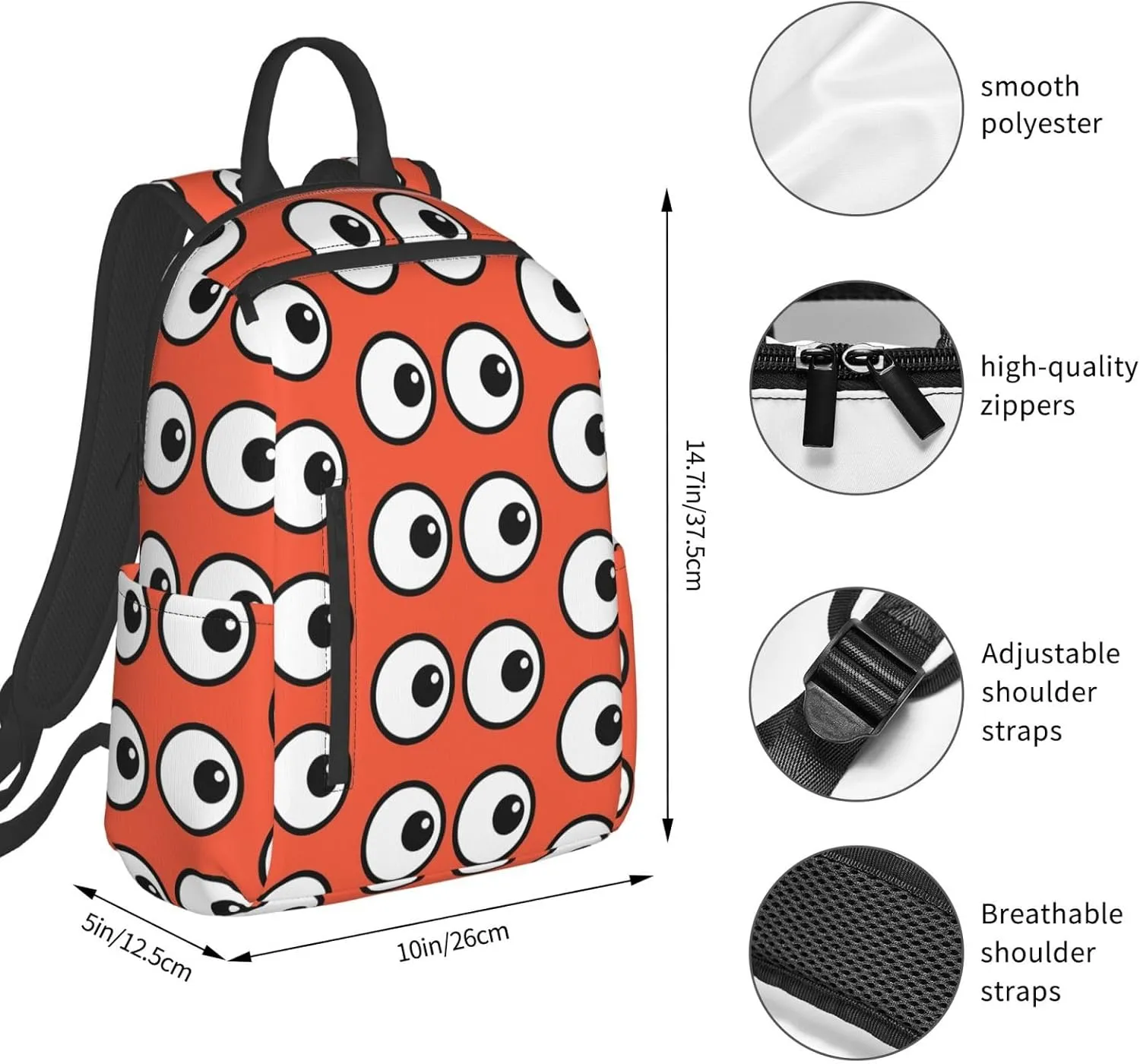 Funny Cartoon Eyes Orange Casual Backpacks Large Capacity Laptop Backpack Sports Fitness Rucksack Travel Carry-On Daypack Adjustable Shoulder Strap Work Bag for Outdoor Camping