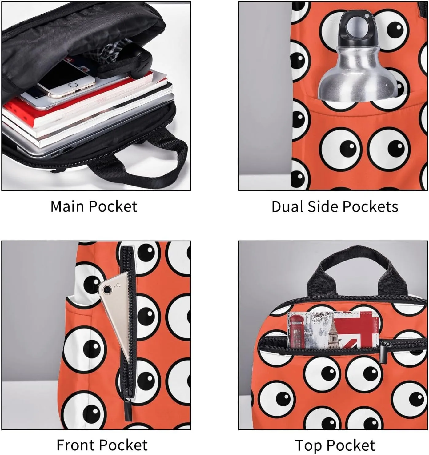 Funny Cartoon Eyes Orange Casual Backpacks Large Capacity Laptop Backpack Sports Fitness Rucksack Travel Carry-On Daypack Adjustable Shoulder Strap Work Bag for Outdoor Camping
