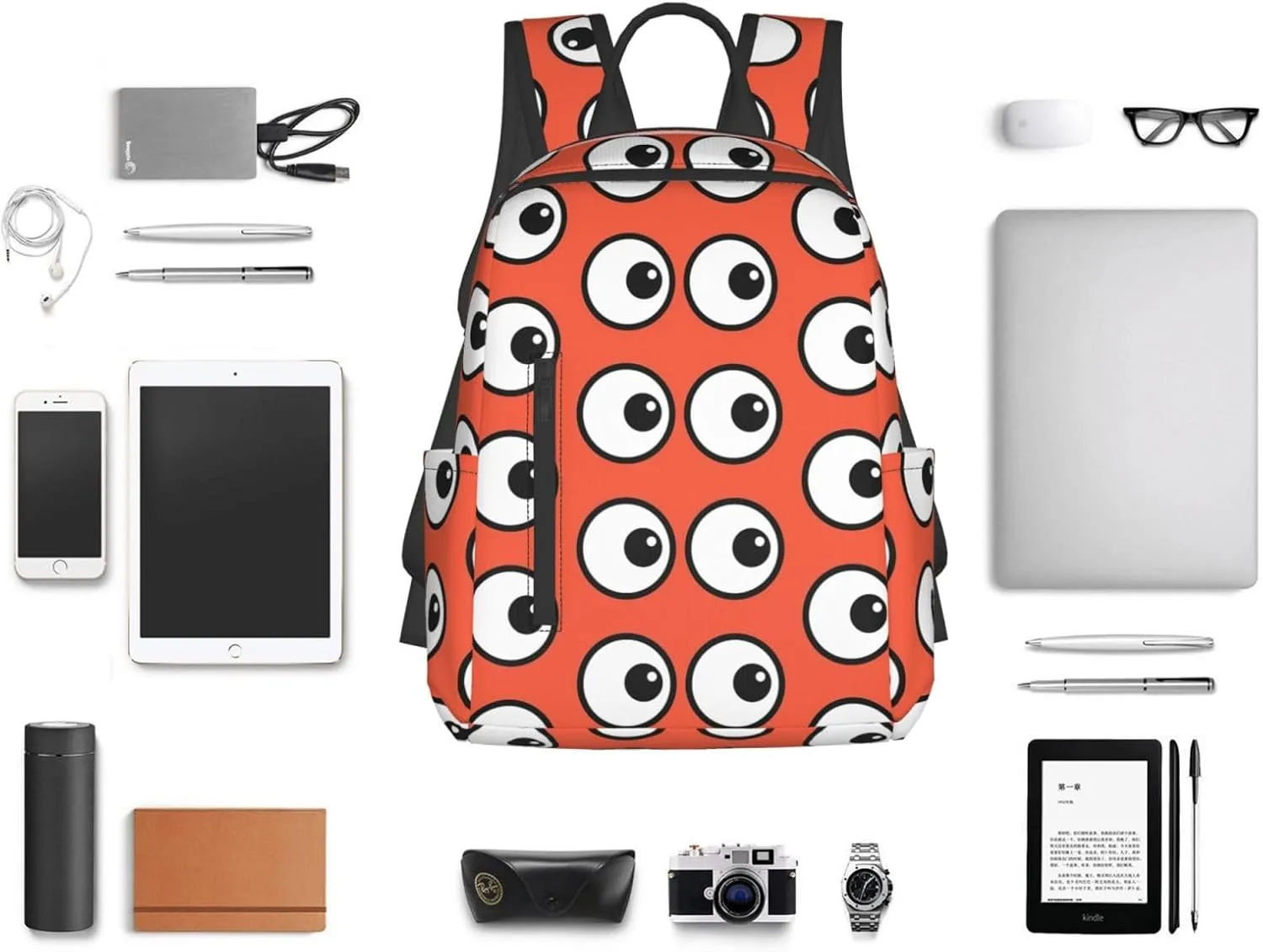 Funny Cartoon Eyes Orange Casual Backpacks Large Capacity Laptop Backpack Sports Fitness Rucksack Travel Carry-On Daypack Adjustable Shoulder Strap Work Bag for Outdoor Camping