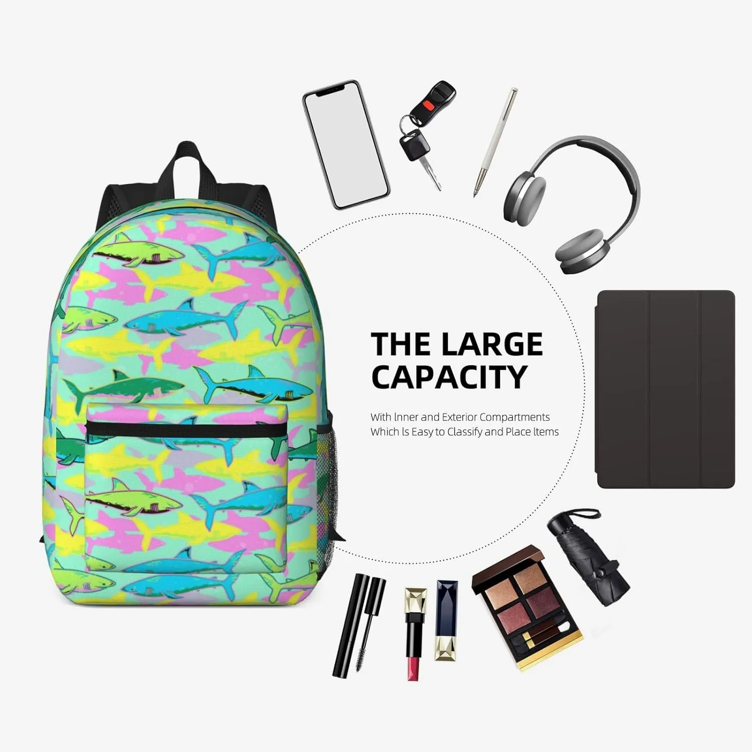 Funny smile sharks 17 Inch Backpacks Multipurpose Laptop Backpack Double Shoulder Bag for Men Women Gifts