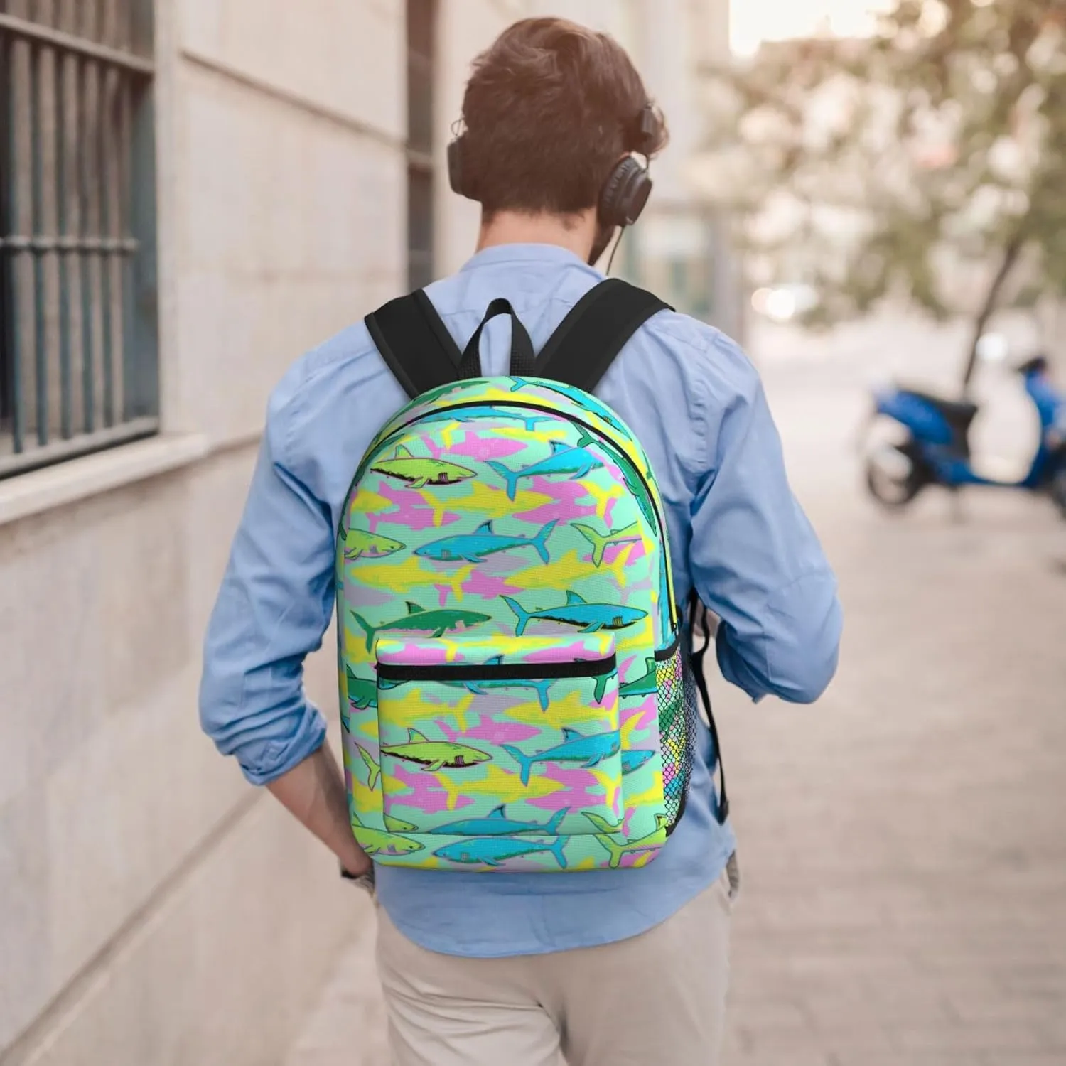 Funny smile sharks 17 Inch Backpacks Multipurpose Laptop Backpack Double Shoulder Bag for Men Women Gifts