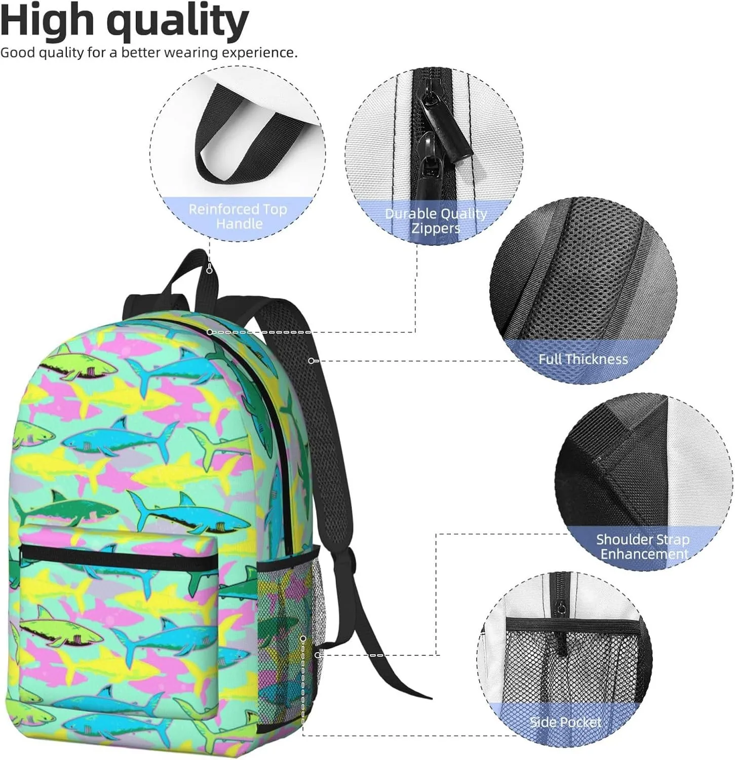 Funny smile sharks 17 Inch Backpacks Multipurpose Laptop Backpack Double Shoulder Bag for Men Women Gifts