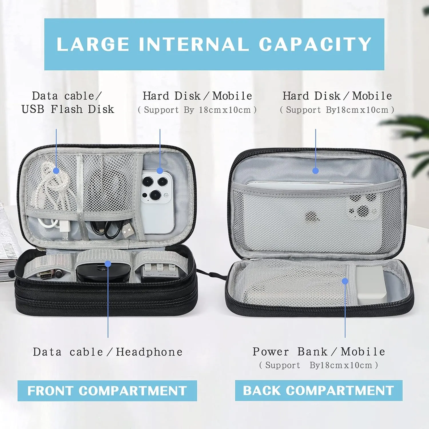 FYY Electronic Organizer, [2 PCs]Travel Cable Organizer Bag Electronic Accessories Carry Case Portable Waterproof Double Layers Storage Bag for Cable, Charger, Phone, Earphone, Medium Size-Black Black