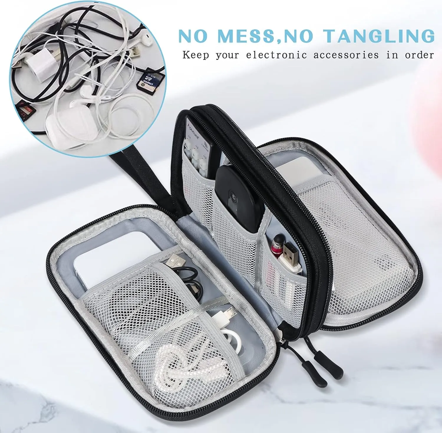 FYY Electronic Organizer, [2 PCs]Travel Cable Organizer Bag Electronic Accessories Carry Case Portable Waterproof Double Layers Storage Bag for Cable, Charger, Phone, Earphone, Medium Size-Black Black