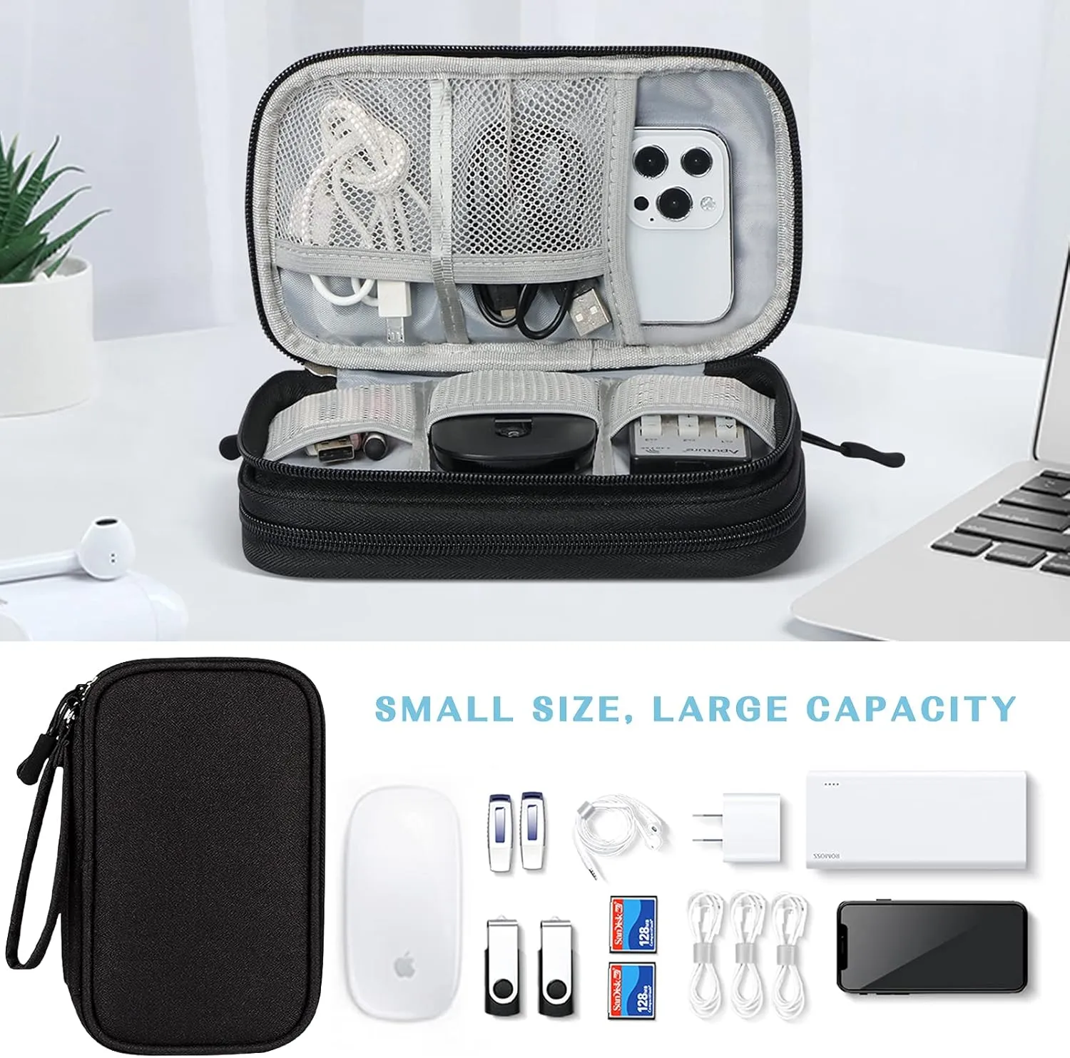 FYY Electronic Organizer, [2 PCs]Travel Cable Organizer Bag Electronic Accessories Carry Case Portable Waterproof Double Layers Storage Bag for Cable, Charger, Phone, Earphone, Medium Size-Black Black