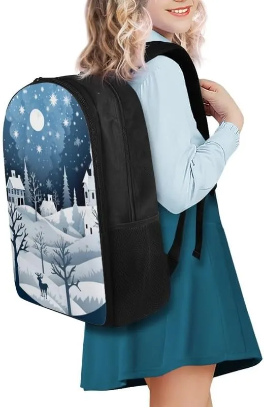 Galaxy Moon Forest Print Work Backpack for Women Men Blue Tree Snowflake Weekender Travel Bag 17.3 Inch Computer Bag Person Item Backpacks