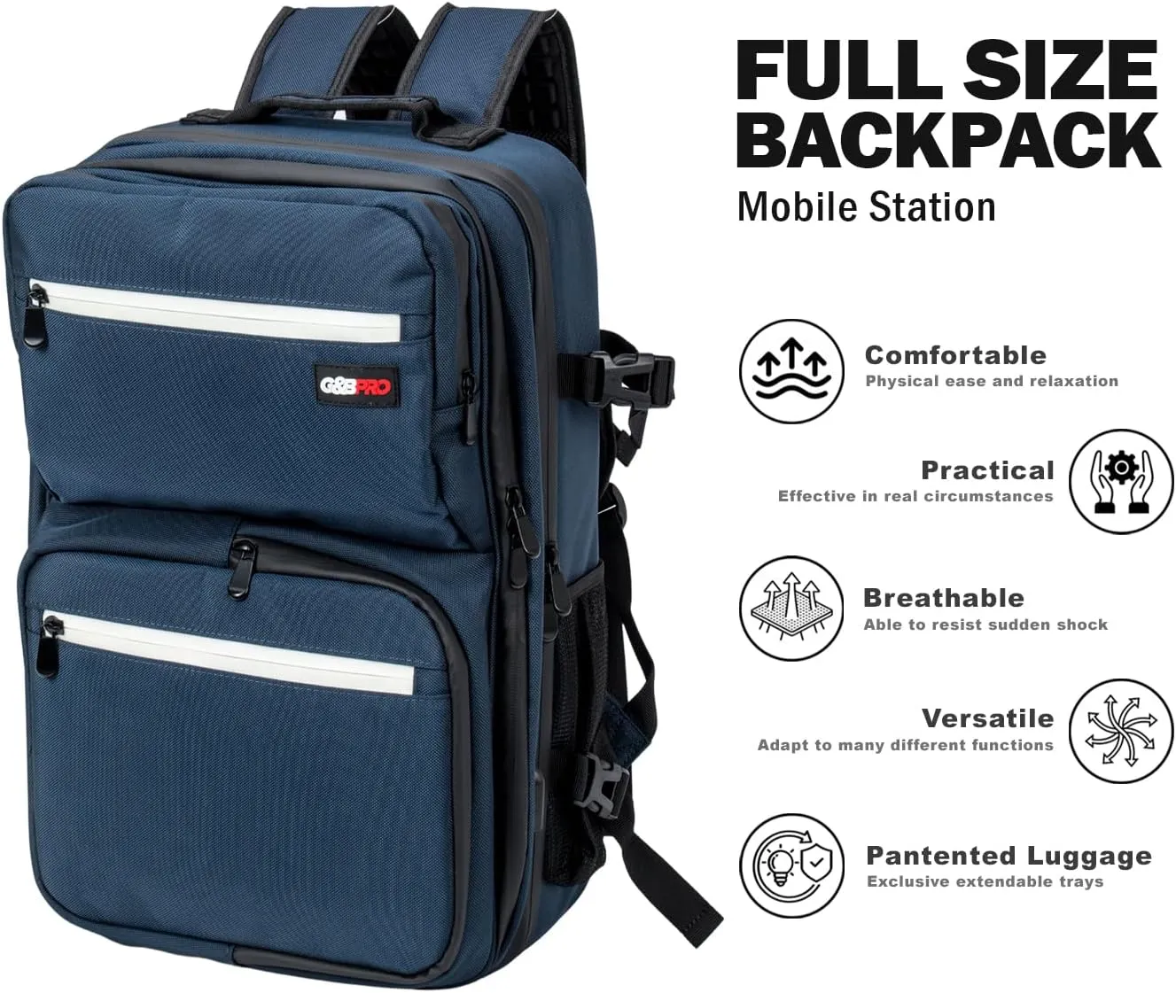 G&BPRO Full Size Backpack with Extending Tray System | All-in-one Mobile Workstation Travel Bag (Space Blue)