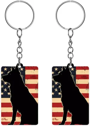 German Shepherd U.S. Flag Funny Acrylic Keychain Small Rectangle Key Chain Purse Bag Accessories Gifts for Women Men