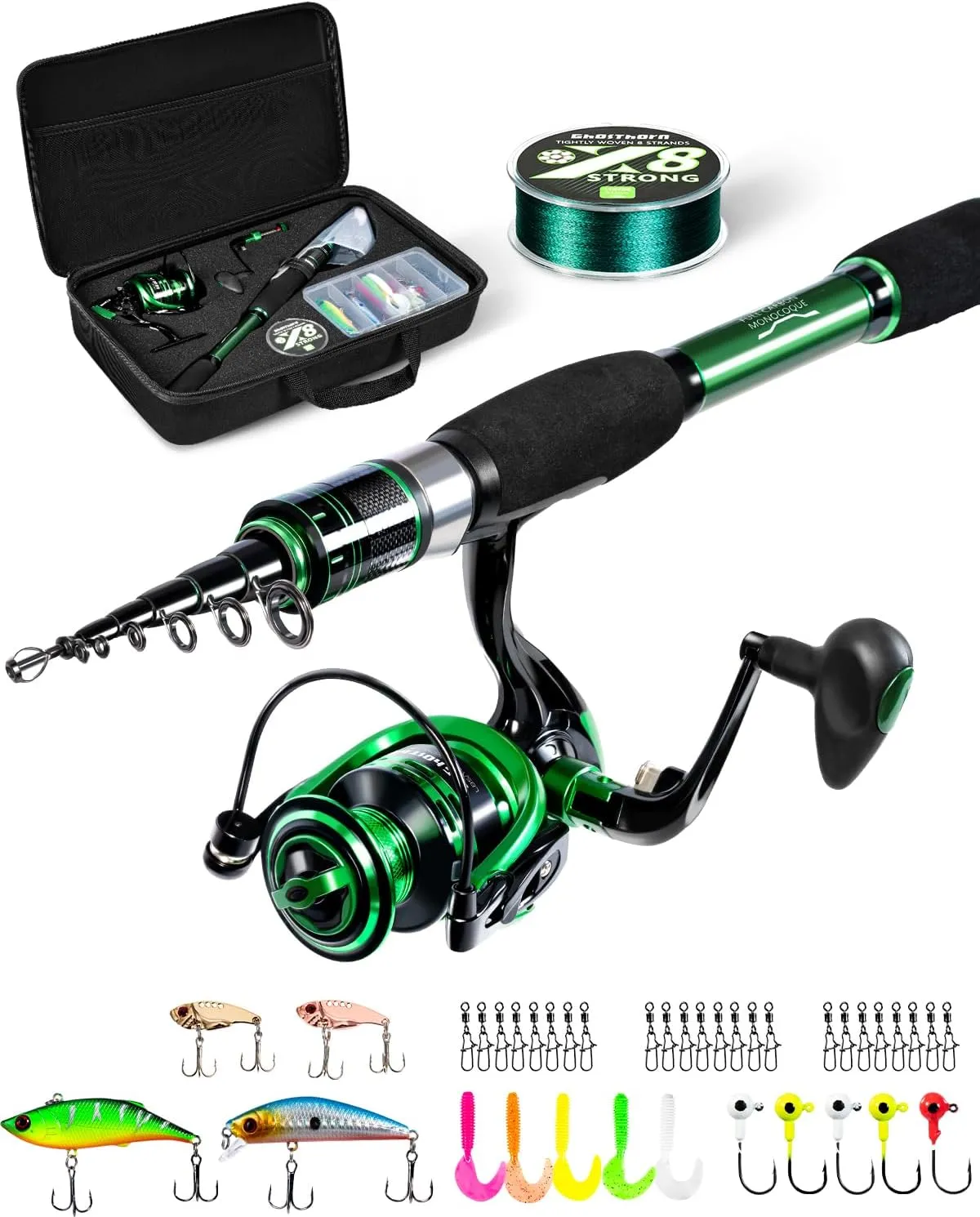Ghosthorn Fishing Rod and Reel Combo Graphite Telescoping Fishing Pole Collapsible Portable Travel Kit with Carrier Bag for Freshwater Fishing Gift for Men Women