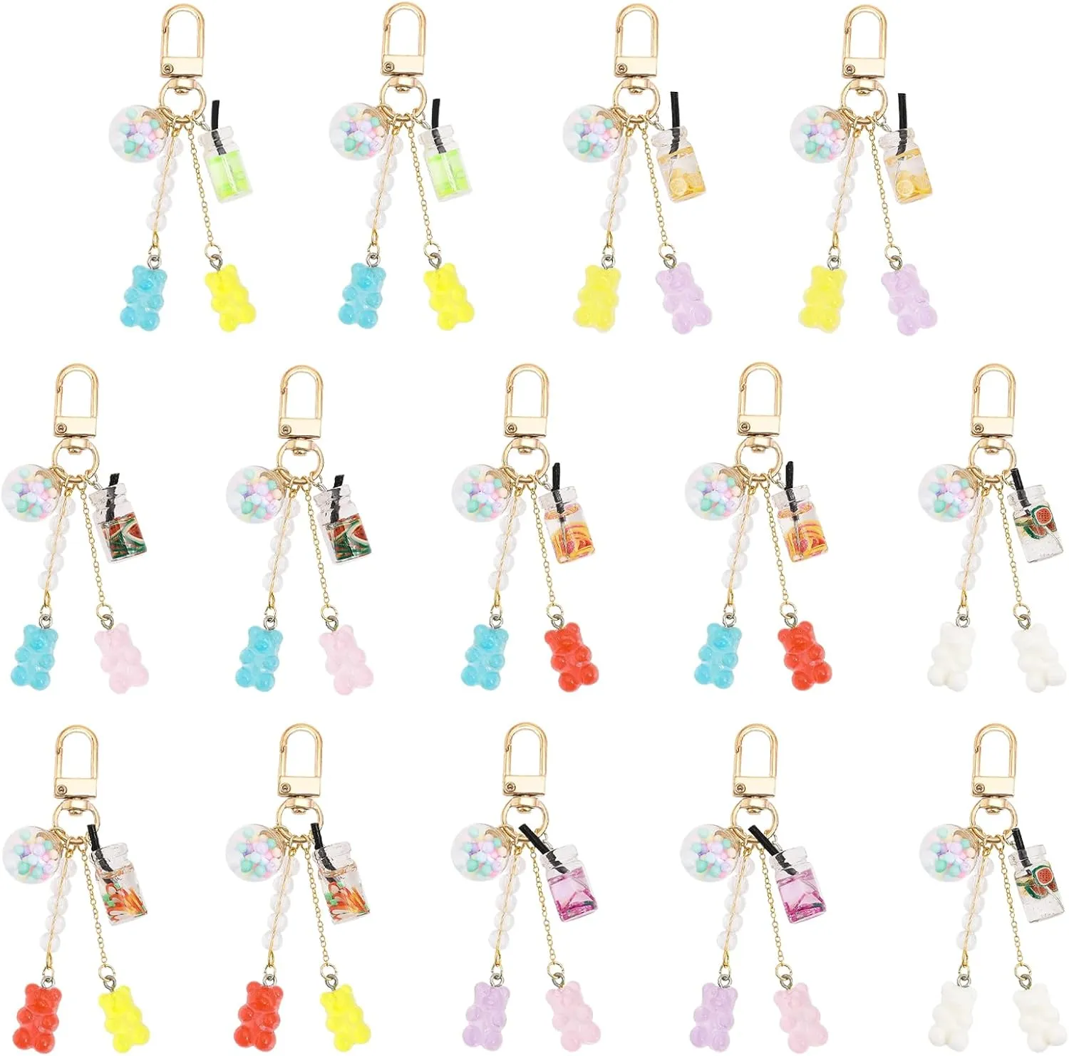 GLOBLELAND 14Pcs Bear Resin Keychains with Fruit Tea Glass Globe Charm for Car Keys Multicolor Charms Keyring Key Chain for Women Purse Handbags Wallet Backpack Charms