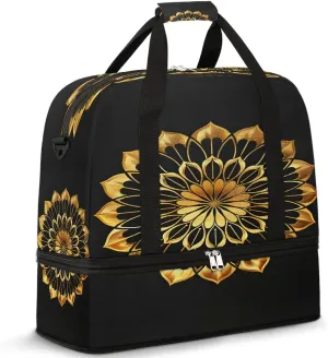 Gold Circular Pattern Travel Duffle Bags With Shoes Compartment for Women Men Weekender Overnight Bag Foldable Sports Tote Gym Carry On Luggage Handlebag for Travel Yoga Hospital Workout