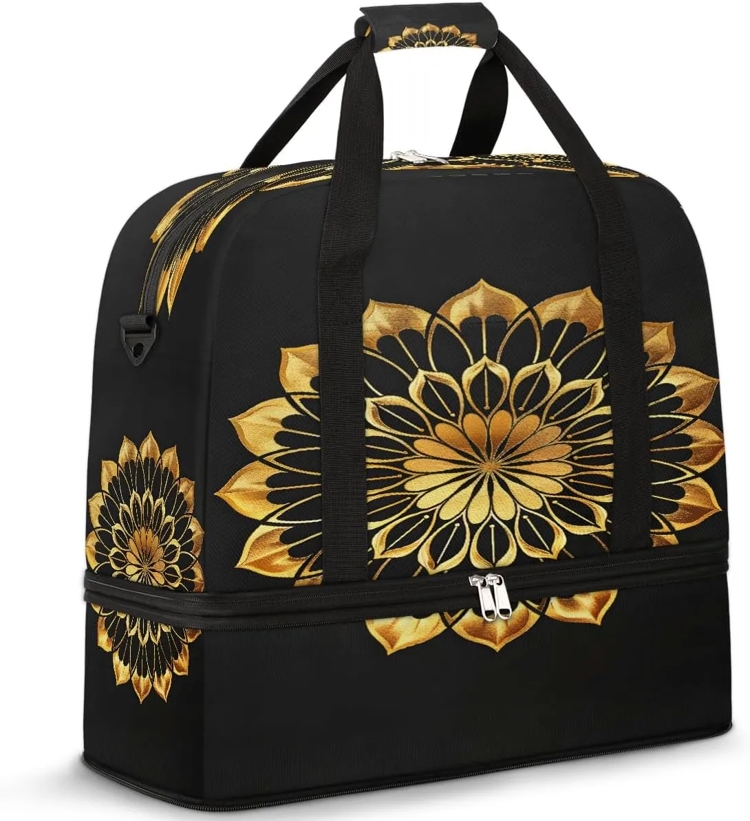 Gold Circular Pattern Travel Duffle Bags With Shoes Compartment for Women Men Weekender Overnight Bag Foldable Sports Tote Gym Carry On Luggage Handlebag for Travel Yoga Hospital Workout