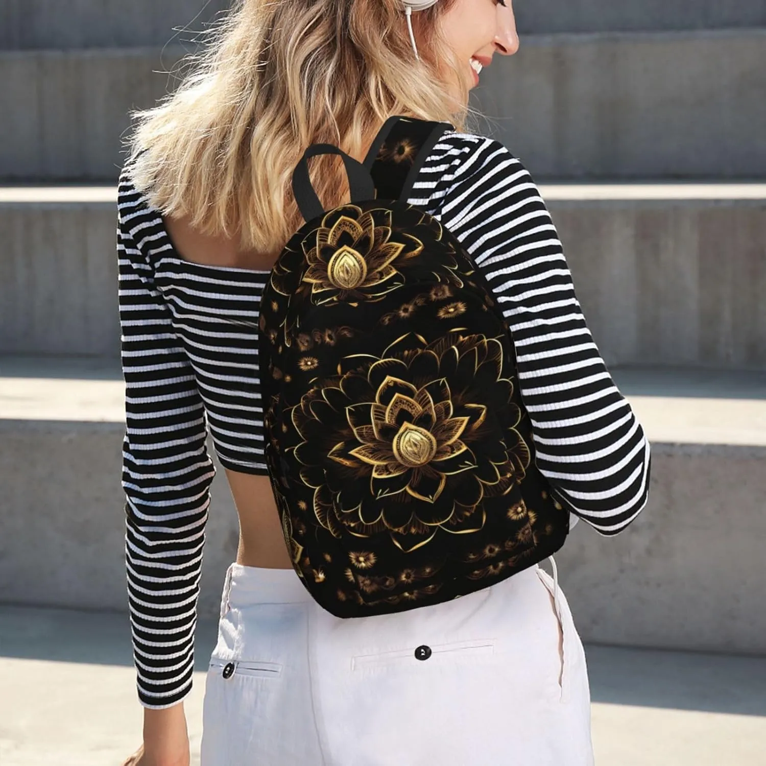 Gold Lotus Flowers Canvas Casual Lightweight Duffel Bag, Fashion Duffel Bag, Casual Daypack, Unisex Travel Backpack