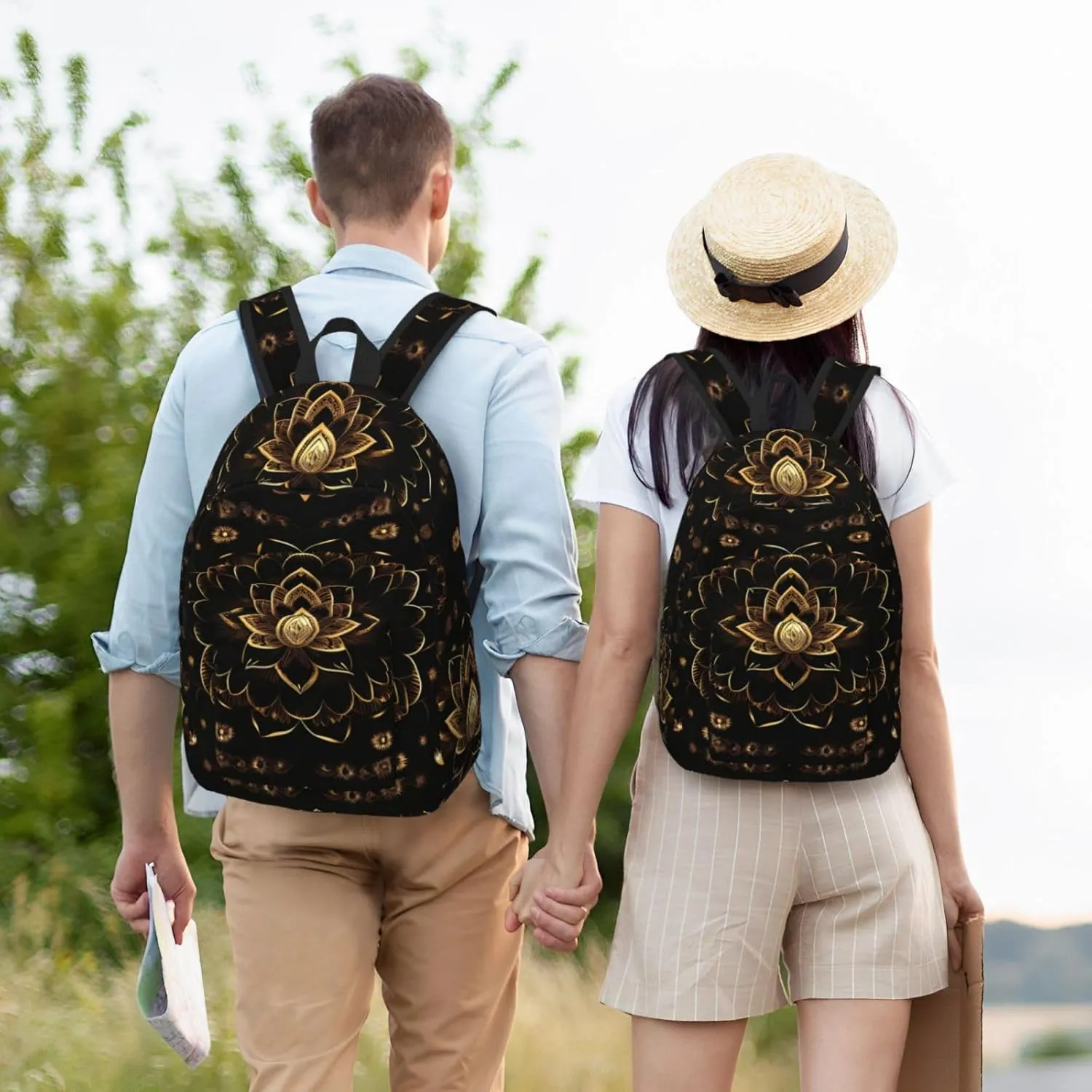 Gold Lotus Flowers Canvas Casual Lightweight Duffel Bag, Fashion Duffel Bag, Casual Daypack, Unisex Travel Backpack