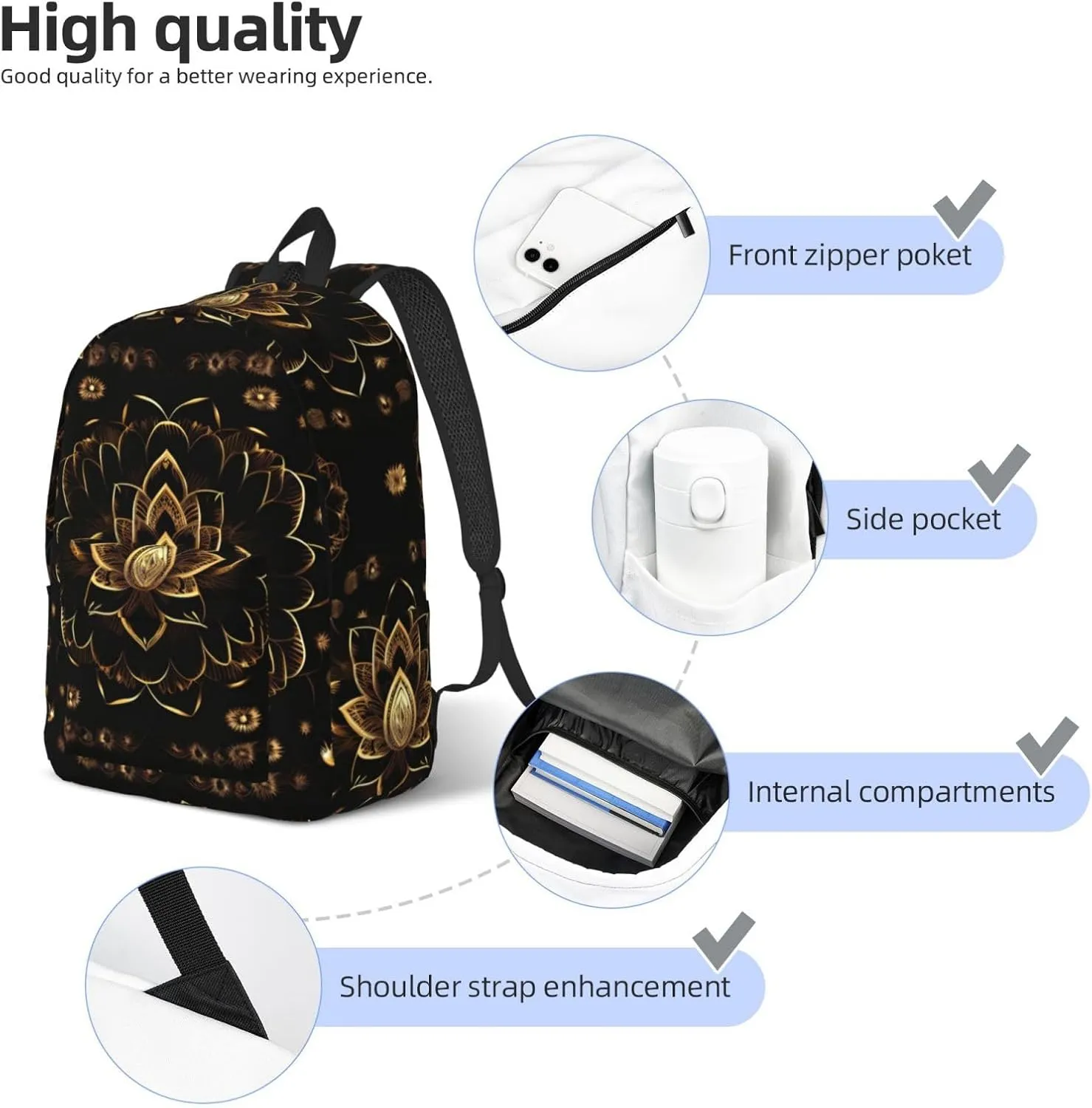 Gold Lotus Flowers Canvas Casual Lightweight Duffel Bag, Fashion Duffel Bag, Casual Daypack, Unisex Travel Backpack