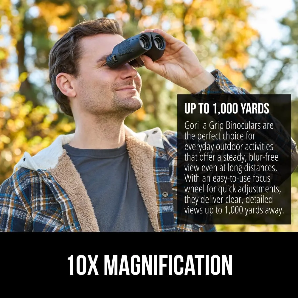 GORILLA GRIP 10x25 Compact Binoculars for Adults with Strap, Superior High Powered Clear 10X Magnification, Lightweight, Bird Watching, Hunting, Stargazing, Adjustable Eye Cups, Black