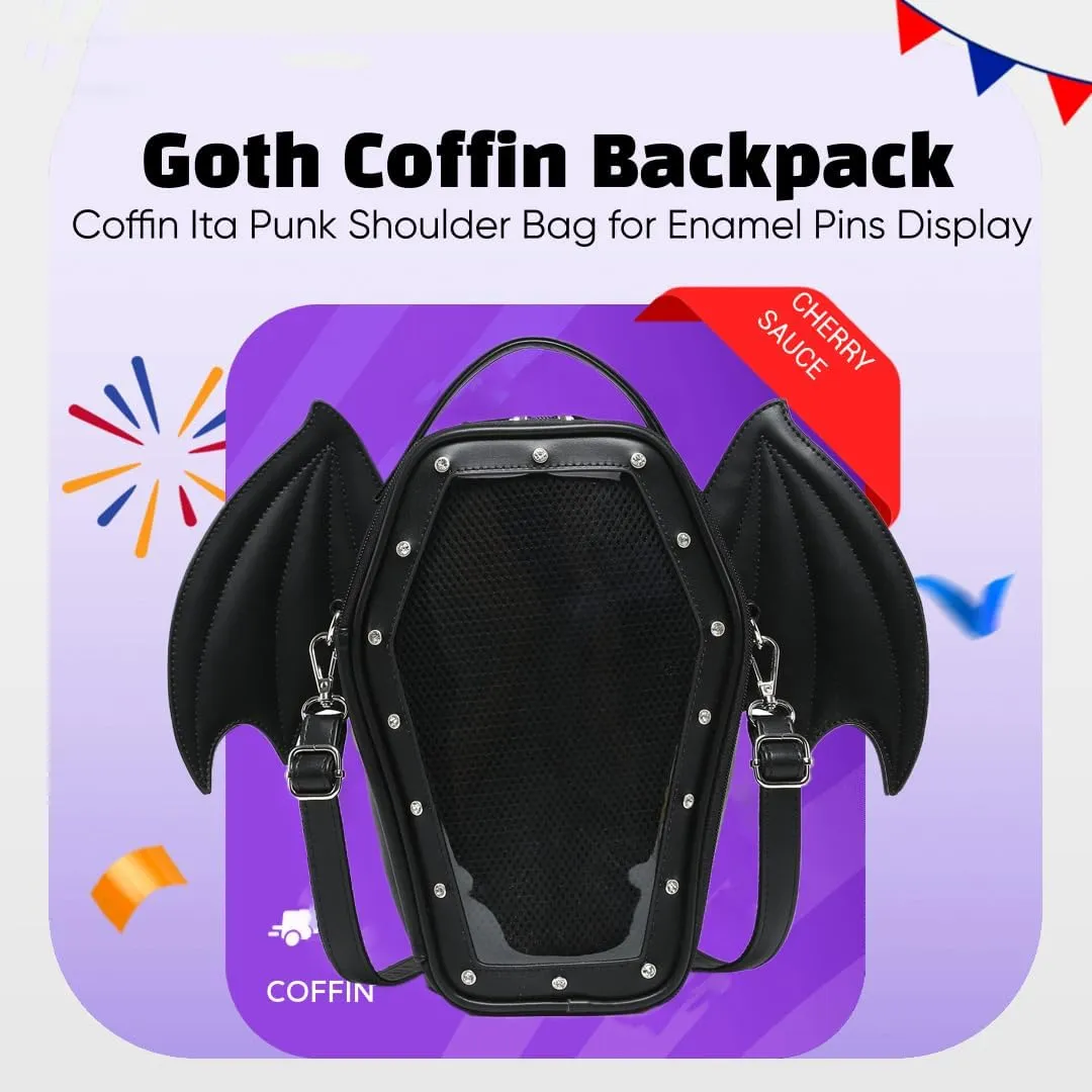Gothic Coffin Shape Fashion Ita Bag Backpack Halloween Shoulder Bag, Detachable wings Purses Handbags