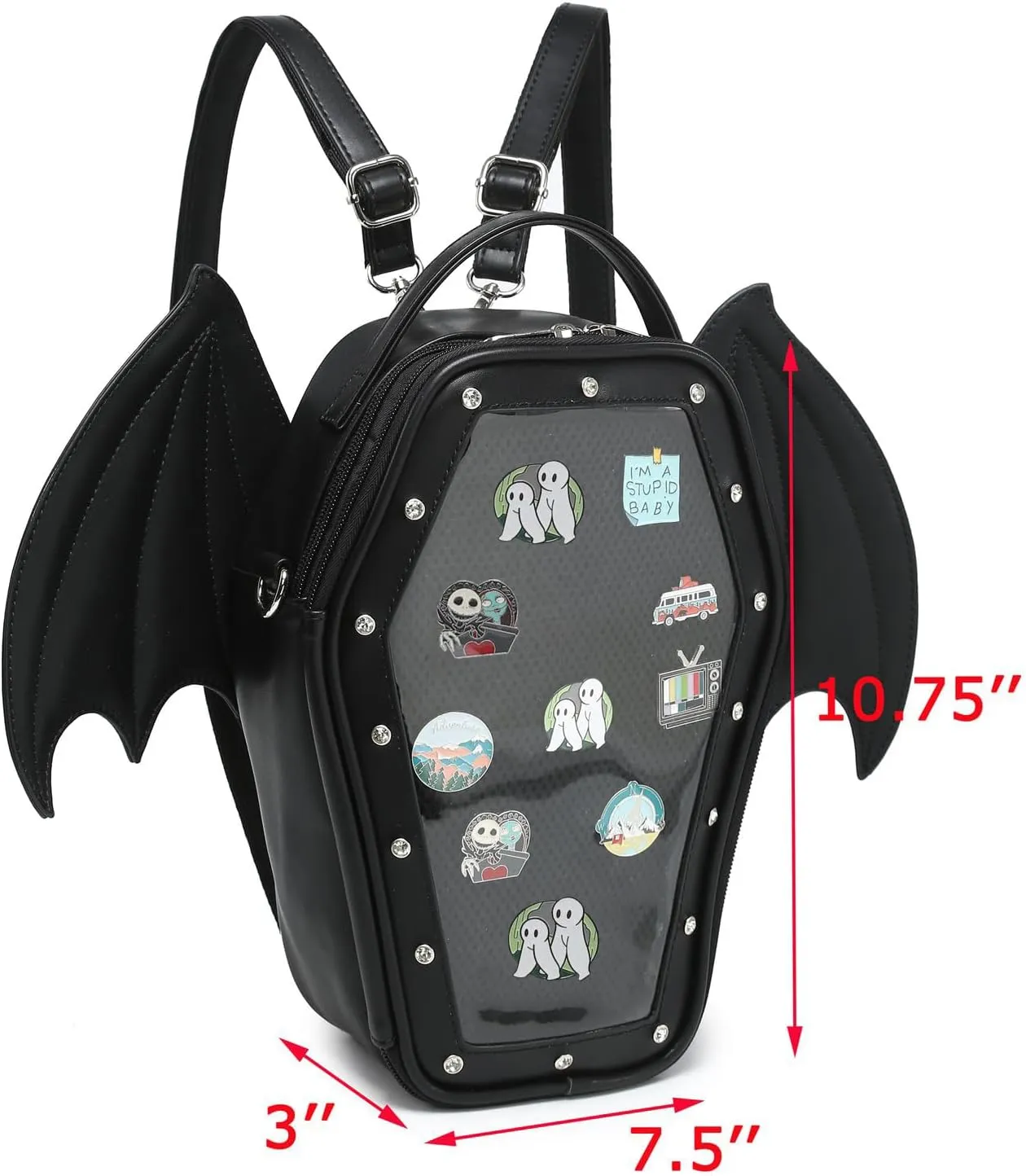 Gothic Coffin Shape Fashion Ita Bag Backpack Halloween Shoulder Bag, Detachable wings Purses Handbags