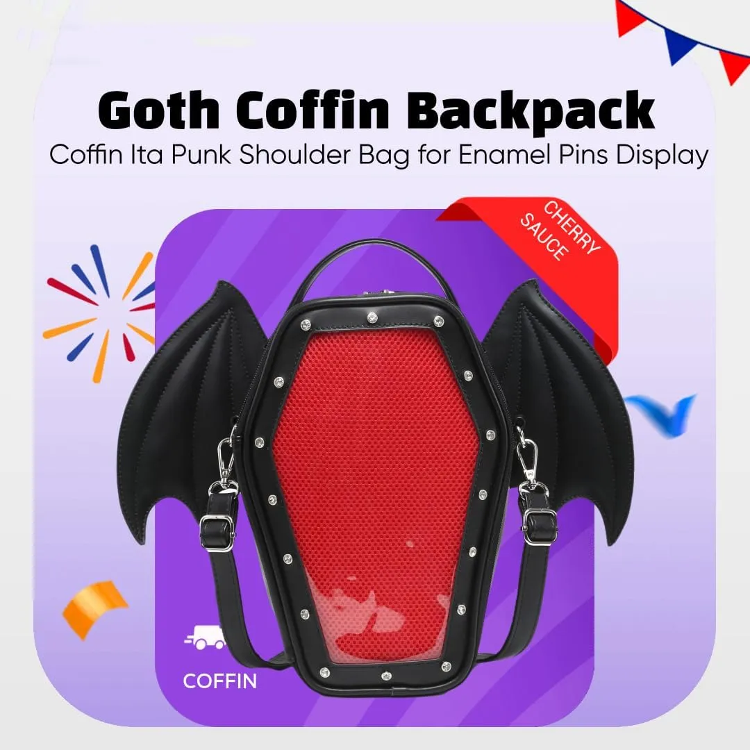 Gothic Coffin Shape Fashion Ita Bag Backpack Halloween Shoulder Bag, Detachable wings Purses Handbags