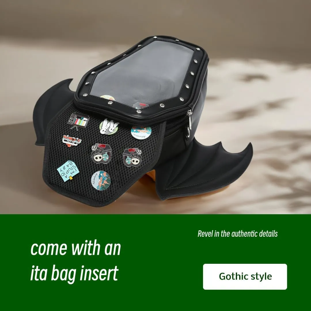 Gothic Coffin Shape Fashion Ita Bag Backpack Halloween Shoulder Bag, Detachable wings Purses Handbags