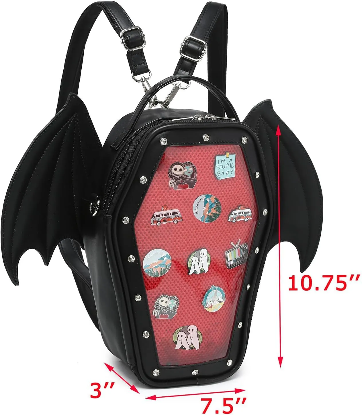 Gothic Coffin Shape Fashion Ita Bag Backpack Halloween Shoulder Bag, Detachable wings Purses Handbags