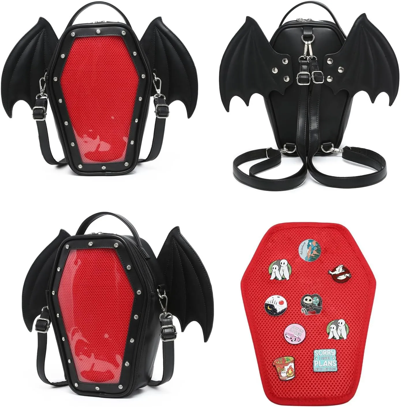 Gothic Coffin Shape Fashion Ita Bag Backpack Halloween Shoulder Bag, Detachable wings Purses Handbags