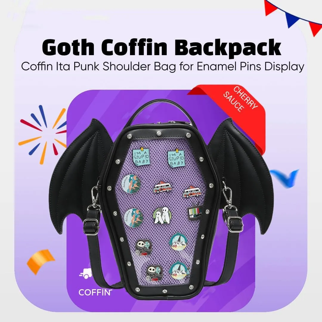 Gothic Coffin Shape Fashion Ita Bag Backpack Halloween Shoulder Bag, Detachable wings Purses Handbags