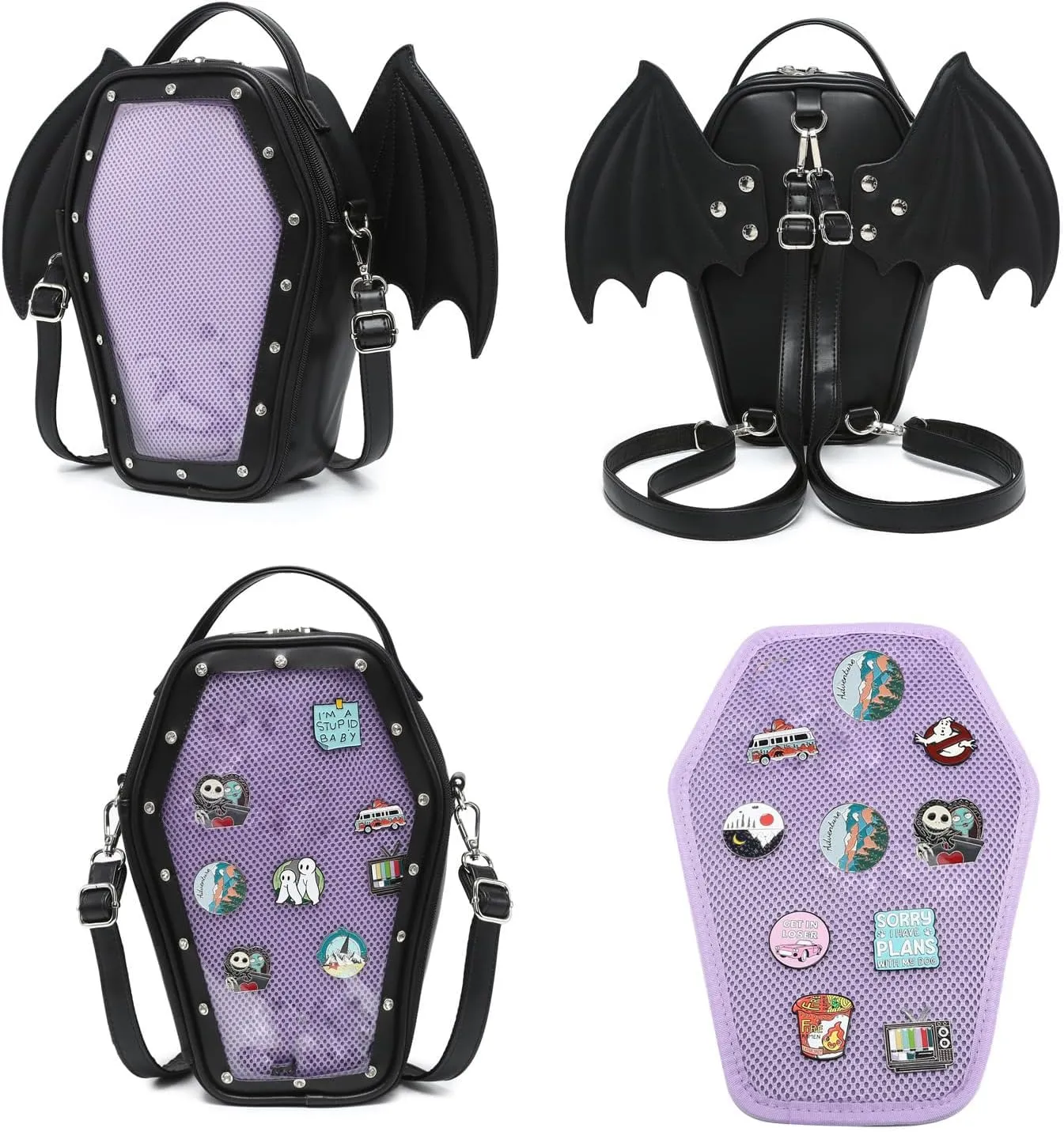 Gothic Coffin Shape Fashion Ita Bag Backpack Halloween Shoulder Bag, Detachable wings Purses Handbags