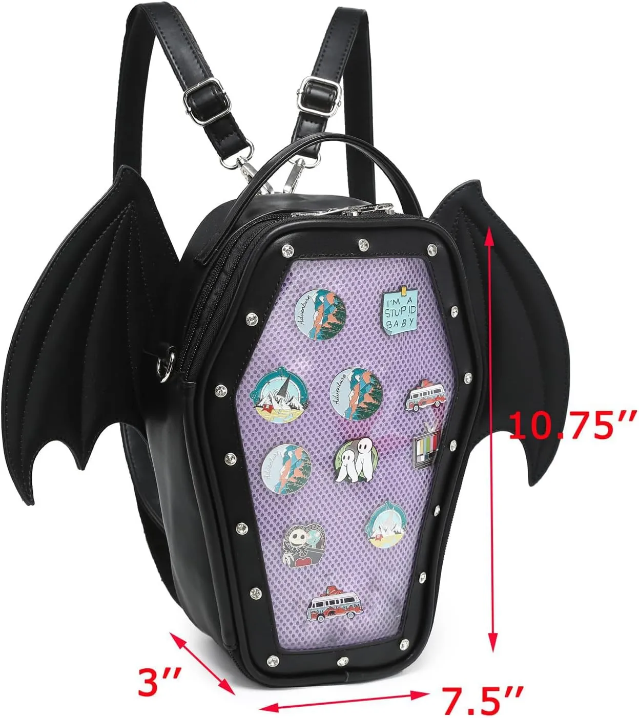 Gothic Coffin Shape Fashion Ita Bag Backpack Halloween Shoulder Bag, Detachable wings Purses Handbags