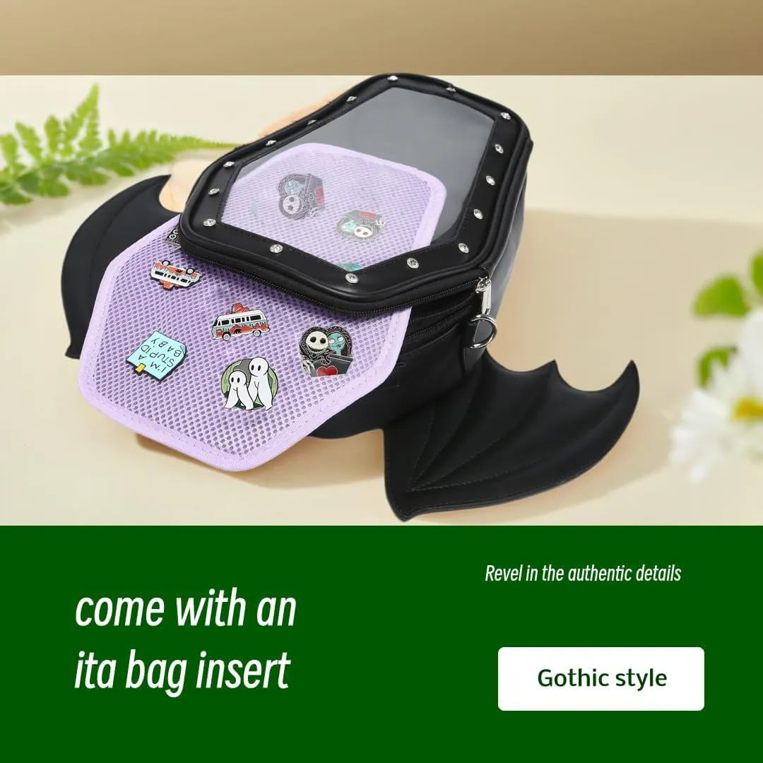 Gothic Coffin Shape Fashion Ita Bag Backpack Halloween Shoulder Bag, Detachable wings Purses Handbags