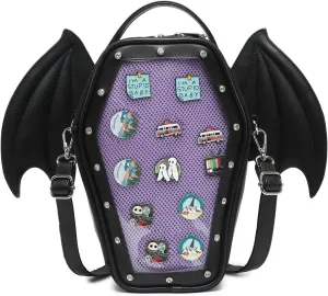 Gothic Coffin Shape Fashion Ita Bag Backpack Halloween Shoulder Bag, Detachable wings Purses Handbags