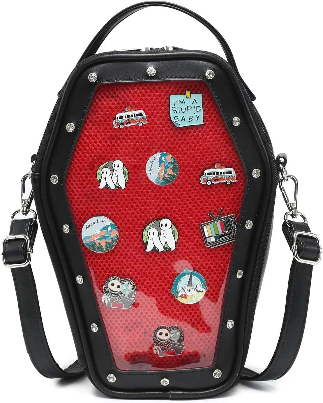Gothic Coffin Shape Fashion Ita Bag Backpack Halloween Shoulder Bag, Detachable wings Purses Handbags