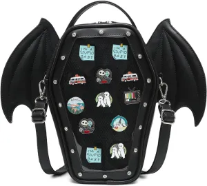 Gothic Coffin Shape Fashion Ita Bag Backpack Halloween Shoulder Bag, Detachable wings Purses Handbags