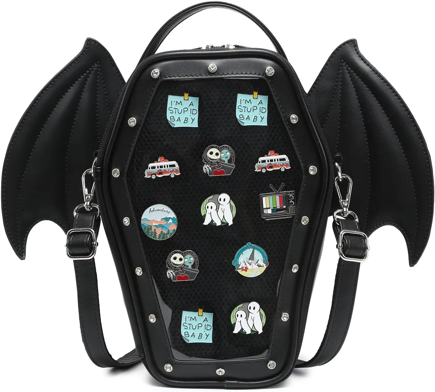 Gothic Coffin Shape Fashion Ita Bag Backpack Halloween Shoulder Bag, Detachable wings Purses Handbags